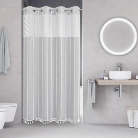 eachope No Hook Stall Shower Curtain with Snap-in Fabric Liner - 54x80 Heavy-Duty Linen Textured Striped Design,Narrow Rustic Modern Farmhouse Bohemian Bathroom Curtain,Water-Repellent,Grey/Gray