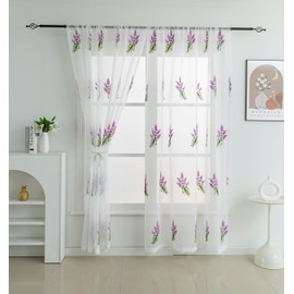 Floral Sheer Curtains Embroidered Lavender Purple Flower Semi Sheer Window Curtains for Bedroom Living Room Rod Pocket Curtains 2 Panels 55"W x 71"L