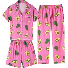 Vopmocld Girls Pajama Sets - 3pcs Button Down Short Sleeve Long Pants With Shorts Sleepwear Cute Patterns Nighty For Teens, Avocado, 14