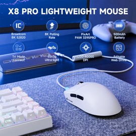 ATTACK SHARK X8PRO Ultra Wireless Gaming Mouse,PAW3395PRO Sensor,8Khz Polling Rate,40K DPI,Tri-Mode,Broadcom 52840 MCU Chip,100M Clicks,500MAh Battery,55g,Programmable Mice with Coiled Cable-White