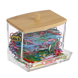 BTSKY Clear Paper Clip Holder with Bamboo Lid Thick Acrylic Self-dispensing Office Supply Accessory Organizer Small Storage Holder Cute Qtip Holder for Office Bathroom Vanity (Clips Not Included)