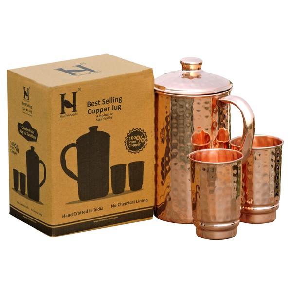 HealthGoodsIn - Jarra de agua martillada de cobre puro con 2 vasos de cobre martillado | Jarra de cobre y vasos para beneficios para la salud de Ayurveda
