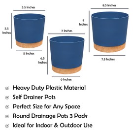 RUBBER BOND Plastic Plant Pots 3 Pack - Modern Indoor/Outdoor Planters for Home Decor - Weather-Resistant Flower Pots - Ideal for Stylish Garden and Patio Decor (Blue Round)