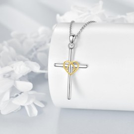 TIGER RIDER Cross Necklace Sterling Silver Gold Heart Cross Pendant Necklace Faith Jewelry Birthday Christmas Gifts for Women Wife