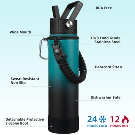 BJPKPK 27oz Insulated Water Bottles with 3 Lids, Paracord Handle & Non-slip Boot, Stainless Steel Water Bottle with Straw, BPA Free Thermos, Tumblers, Army Green & Black