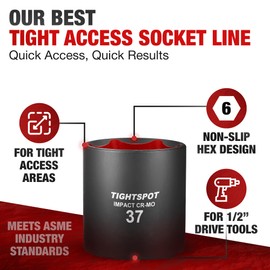 TIGHTSPOT 1/2 Inch Drive - 37mm Shallow Impact Socket with Anti-Rounding 6 Point Design, Heat-Treated CRMO Steel, Metric