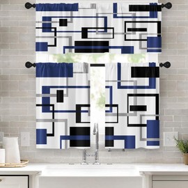 Tayney Navy Blue Black Kitchen Window Curtains Valance and Tier Set 36 Inch, Abstract Squares Geometric Rod Pocket Short Tier Curtain for Bathroom, Modern Small Cafe Drapes for Kitchen Decor