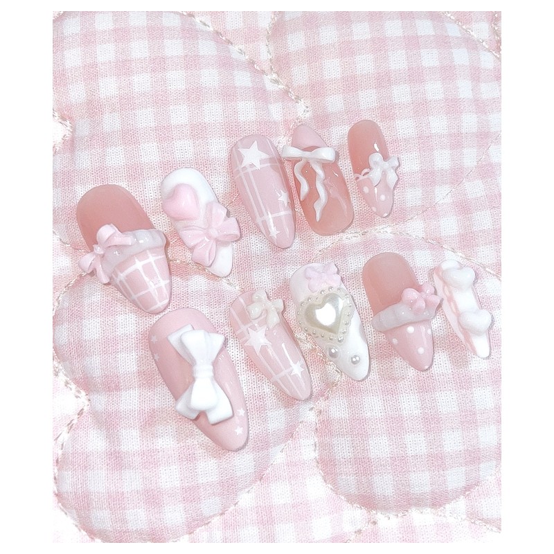 Frill Diary Pink ver.Handmade Nail Tips - Square / 프릴
