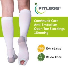 FitLegs - Open-Toe Compression Stocking - 18mmHg AES DVT Prevention - Below Knee, Extra Large, White