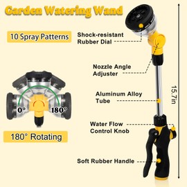 15.7 Inches Garden Watering Wand,10 Pattern 180° Rotating Head Garden Hose Wand,Hose Nozzle Sprayer for Hanging Baskets Watering Plants