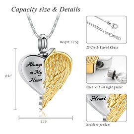 XSMZB Angel Wings Urn Necklaces for Ashes for Women Heart Cremation Jewelry for Ashes Always in My Heart Keepsake Pendant Urn Locket(Gold)