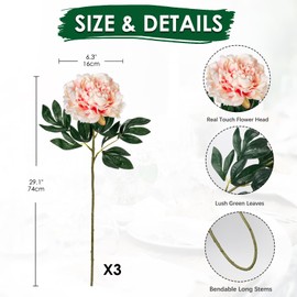 Briful 3PCS Fake Peonies Flowers 30'' Long Stem Silk Flowers Real Touch Artificial Flowers Shabby Chic Decoration for Home Office Vase Centerpiece Wedding Party(Light Pink)