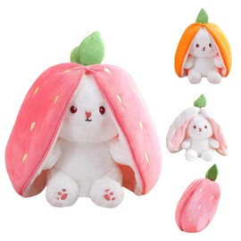 Darryy Rabbit Hide Plush, Easter Bunny Plush Toy, 18 cm Rabbit Soft Toy, Plush Rabbit Carrots, for Children, Boys, Girls, Easter Party Decoration, Gift (Strawberry)