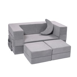 Elftopia Modular Kids Sofa,Toddler Couch Foam Armchair for Kids, Children Convertible Plush Sofa Play Set,Fold Out SofaBed(Grey)