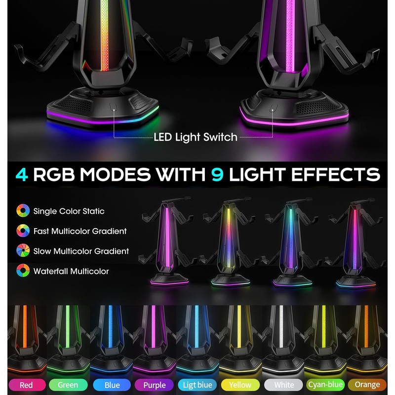 Oritikur RGB Headset Stand with 9 Light Modes and 2
