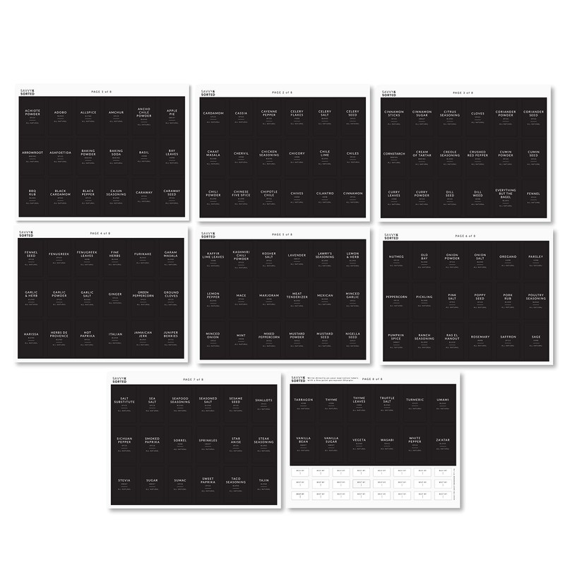 Black Spice Labels for Glass Jars, 148 Spice Jar Labels