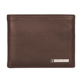 Nautica Men's Classic Leather Bifold RFID Wallet (Available in Smooth or Pebble Grain), Enameled Logo - Brown, One Size