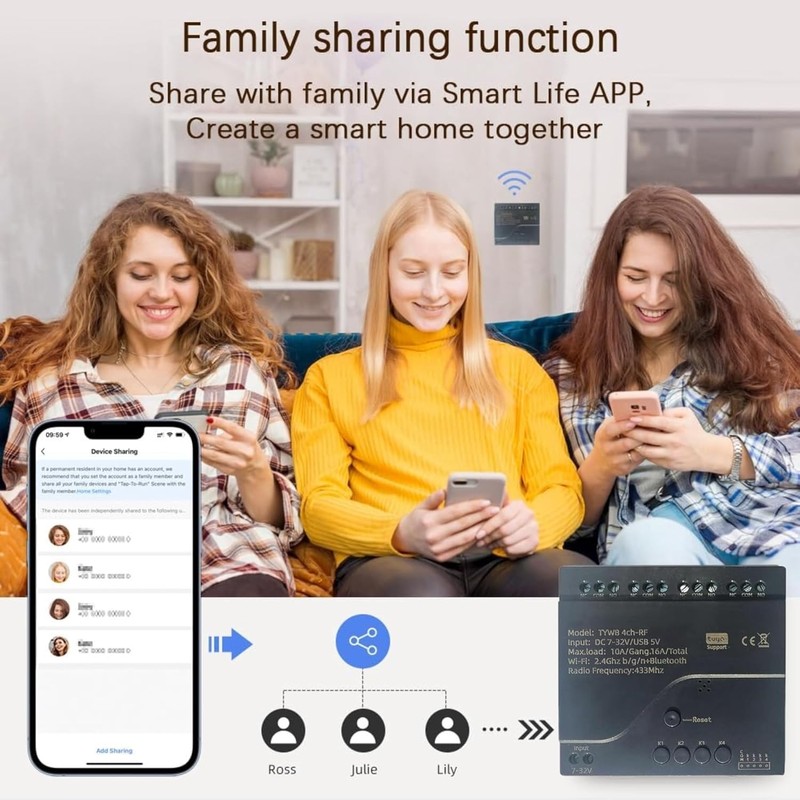 WiFi Smart Relay Switch Module,4 Channel 5V 12V 32V Dry