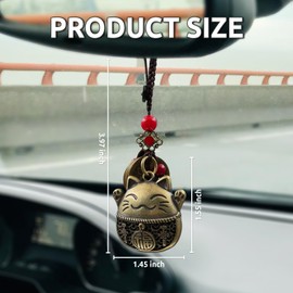 Lucky Cat Rearview Mirror Pendant with Five Emperors Feng Shui Coins, Brass Maneki Neko Charm for Good Luck and Wealth, Tassel Hanging Decoration, Car Interior Accessories