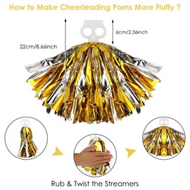 DSLSQD 4 Pack Cheerleading Pom Poms, 8.7 Inch Cheer Pom Poms with Baton Handle Cheerleader Pompoms for Teen Girls School Sports Games Dance Party Cheering (Gold and Silver)