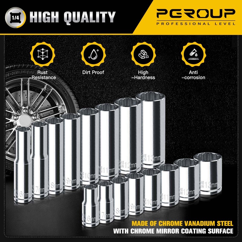pgroup 1/4" Drive Socket Set, 16PCS 12-Point Deep and Shallow
