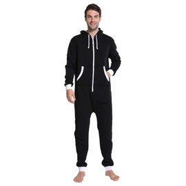 dressfan Unisex Pajamas Hooded Solid Color Onesie Thermal Jumpsuit Sportswear Christmas PJS Set Zipper Non-Footed Women&Men Black S