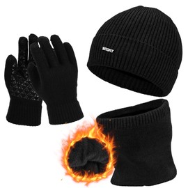 Aicerous® Winter Hat Men's Winter Hat Scarf Gloves Set, Beanie Knitted Hat Tube Scarf and Touchscreen Gloves, Fleece Lining, Soft and Skin-Friendly, black