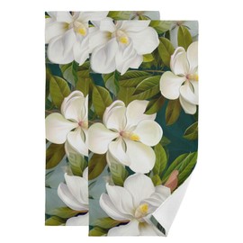 susiyo White Magnolia Flowers with Green Leaves Printed Hand Towel for Bathroom Set of 2 Absorbent Cotton Face Towel Multipurpose for Hotel Gym Guest Spa Yoga Home Decorative,28x14in