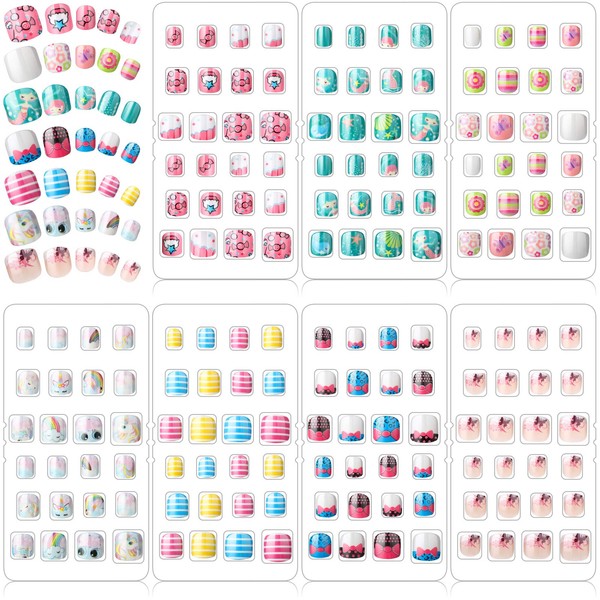 168 Pieces Girls Press on Nails 7 Days Fake Nails Artificial Nail Children Full Cover Short False Fingernails for Girls Kids Gift Manicure Decoration, 7 Boxes (Cute Little Girl)