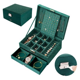 Jewelry Organizer Box, 2 Layers Velvet Jewelry Storage Case with Lock for Women and Girls Necklace Bracelets Earrings Rings Watches Organizer, Green