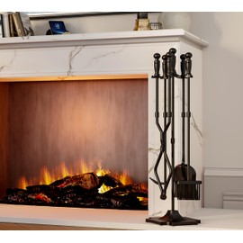Fire Beauty Fireplace Tools, 5 Pieces Fireside Accessories Fire Kit Set, Stand Woodstove Tools Holder Wrought Iron Handle Indoor Fireset Stand (32 Inches)