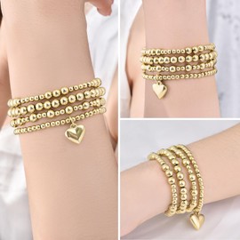RDISOR Gold Bracelets for Women, 14K Gold Plated Beaded Bracelets Gold Stretch Bead Ball Bracelet stack Set Adjustable Heart Bracelet Jewelry Fashion Accessories for Thanksgiving Christmas Birthday