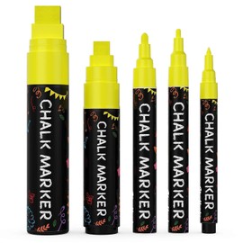 5 Yellow Chalkboard Chalk Pens - Yellow Dry Erase Markers for Blackboard, Chalkboard Signs, Windows, Glass | Variety Pack - Fine & Jumbo Size Ink Pen (1mm, 3mm, 6mm, 10mm, 15mm)