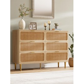6 Drawer Dresser for Bedroom, Rattan Chest of Drawers with Deep Drawers, Large Modern Double Dresser for Closet with Wide Top, Horizontal Wooden Dresser for Living Room, Hallway, Kids Room, Natural