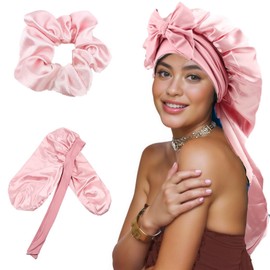 LadayPoa Double Layer Sleep Cap with Hair Ties for Women Long Hair Bonnet for Curly Hair Waterproof Satin Hair Cap for Sleeping Extra Large Adjustable Satin Bonnet for Women