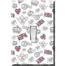 Toggle Wallplate, Single Light Switch Cover Plate - UK Icons of Teapot, Stamp and Union Jack