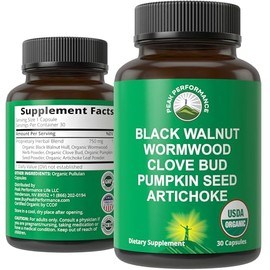 USDA Organic Wormwood Black Walnut Clove Cleanse for Humans. Elimination Detox + Intestinal Support Capsules Supplement for Adults and Kids. Pills with Artichoke and Pumpkin Seed for Added Benefits
