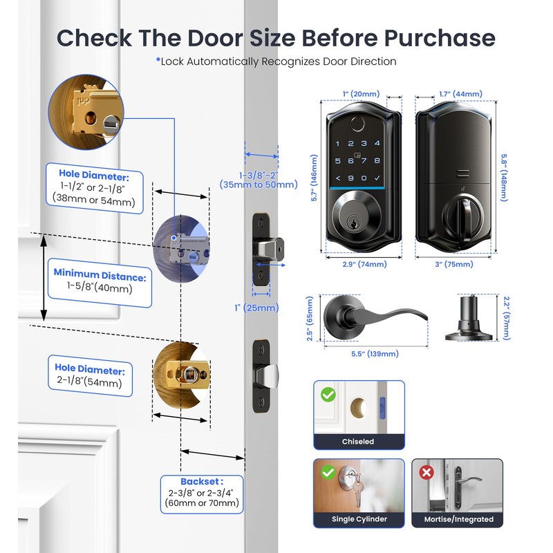 Veise VE017-L Fingerprint Smart Lock with 2 Lever Handles, Keyless