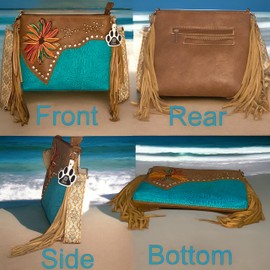 Western Fringe Crossbody Purse Women Vegan Leather Boho Bag Cowgirl Shoulder Handbag Embroidered Flower (Turquoise)