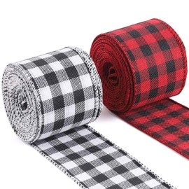 Fvviia Christmas Buffalo Plaid Ribbon,10 Yards x 2.5 Inch Black Red Buffalo Ribbon,Black White Buffalo Ribbon,Wired Ribbon Wrapping Ribbon for Christmas Tree Decorations,DIY Gift Wrapping,Craft Decorations-2 Rolls