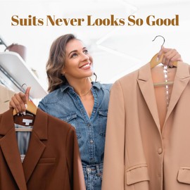 HOUSE DAY Wooden Suit Hangers 6 Pack，Heavy Duty Wide Shoulder Hangers, Solid Wood Coat Hanger with Non-Slip Pant Bar for Petite Adults, Teens and Small Suits, Coats, Jackets (Natural，16.5'')