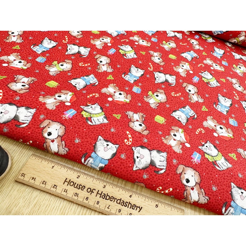 Nutex Fabric - Festive Cats & Dogs on Gold &
