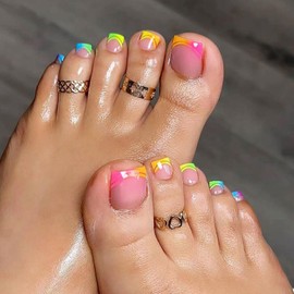 Square Press on Toenails Short Colorful French Tip Fake Toenails Light Pink Full Cover Acrylic Toe Nails Press ons Glossy Toenail Stickers Cute Summer Press on Toe Nail for Girls Women 24Pcs