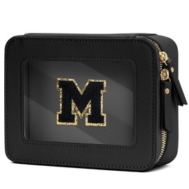 CLOUDWINGS Cosmetic Bags for Women - Initial Toiletry Bag for Girls with Zipper, Clear & Potable Makeup Bag for Travel, Cosmetic Pouch Perfect Gifts for Graduation (Black, M)