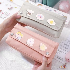 Cute Pencil Case Kawaii Pencil Case Aesthetic Large Capacity Pencil Case Pencil Pouch for Girls with 3 Pins (Off White)