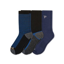 Pacas Mens Alpaca Lightweight Crew 3-Pack Socks (Medium/Large, Black Multistripe/Striped Sole Black-Orange/Solid Dress Blue)