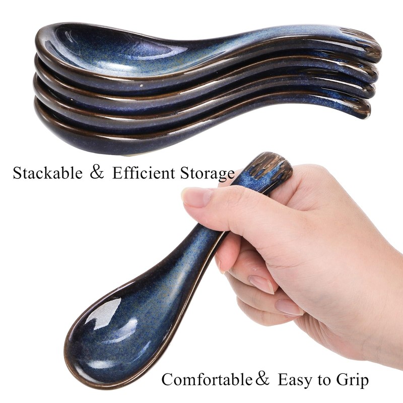 Cididu Set of 8 Asian Soup Spoon Ceramic, Blue Chinese