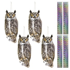 4PCS Reflective Hanging Hawk Fake Owl Decoration, Realistic Hanging Owl for Garden Patio Windows