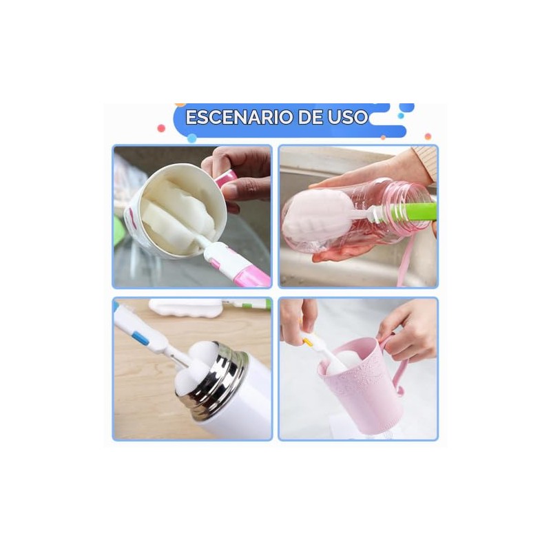 4 cepillos para biberones + 4 cepillos para tetinas, esponja,