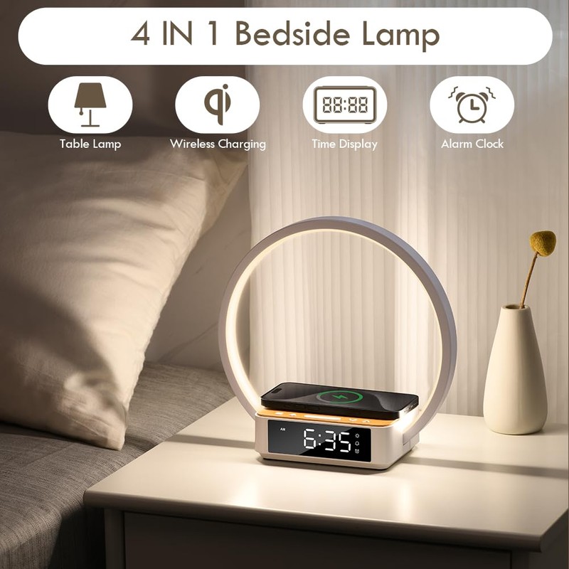 WILIT Bedside Lamp with Alarm Clock,Touch Lamp with Wireless Charger,Nightlight
